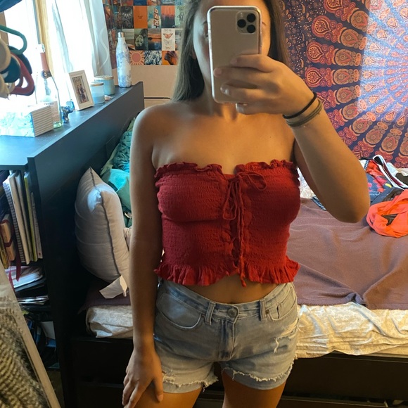 ⚡️AMERICAN EAGLE red smocked lace up tube top⚡️ - Picture 2 of 8